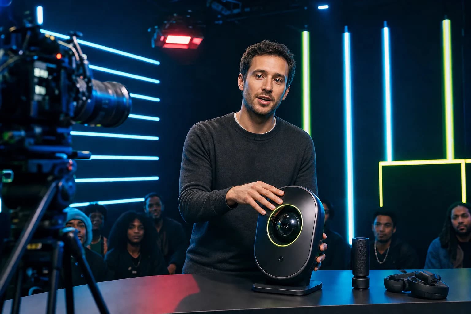 A fictional San Francisco startup founder presenting an original AI device in a live commerce studio