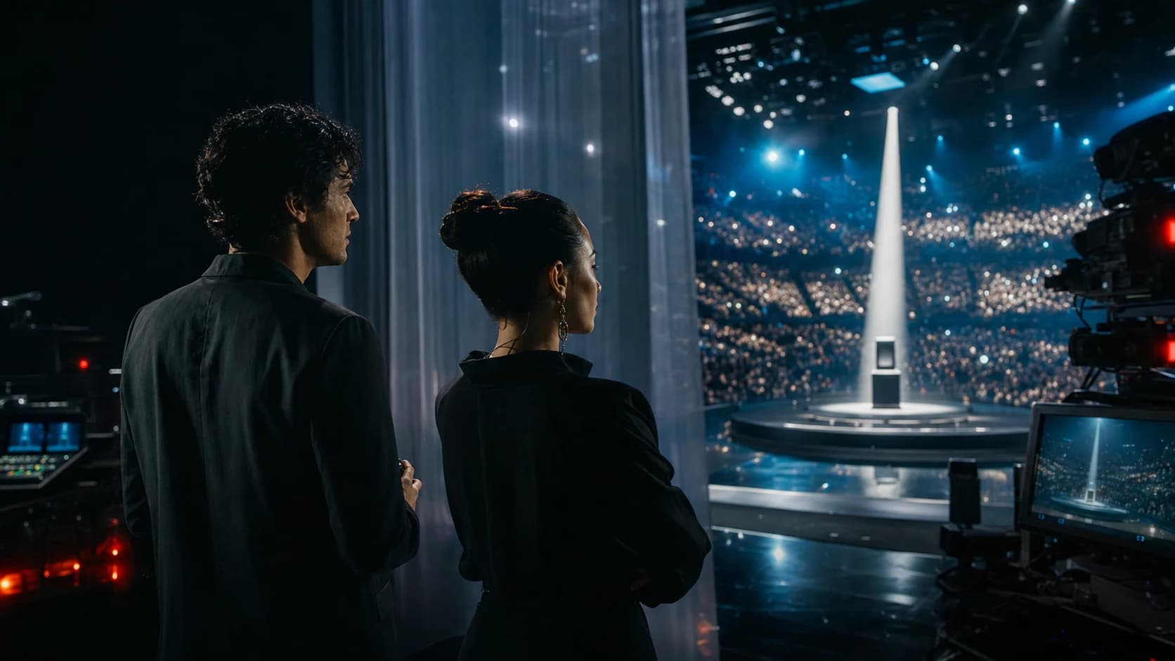 Two fictional hosts watching a fictional AI product reveal from backstage