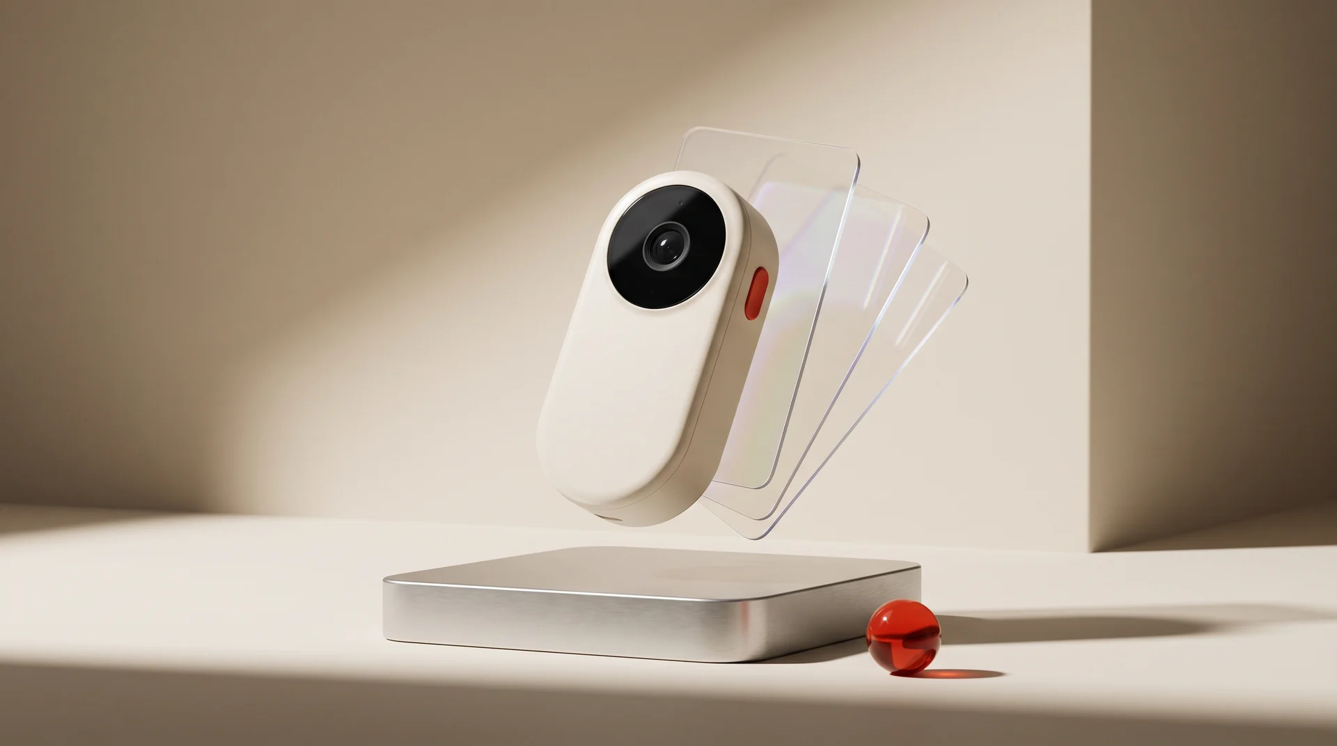 Original 3D concept of a fictional pocket AI device floating above an aluminium plinth