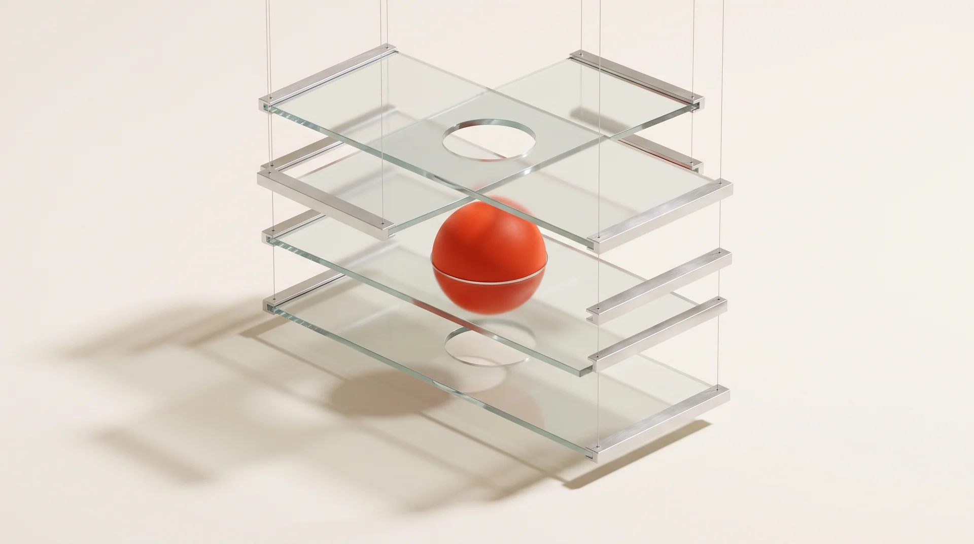 3D concept of suspended glass and aluminium layers connected around a red sphere