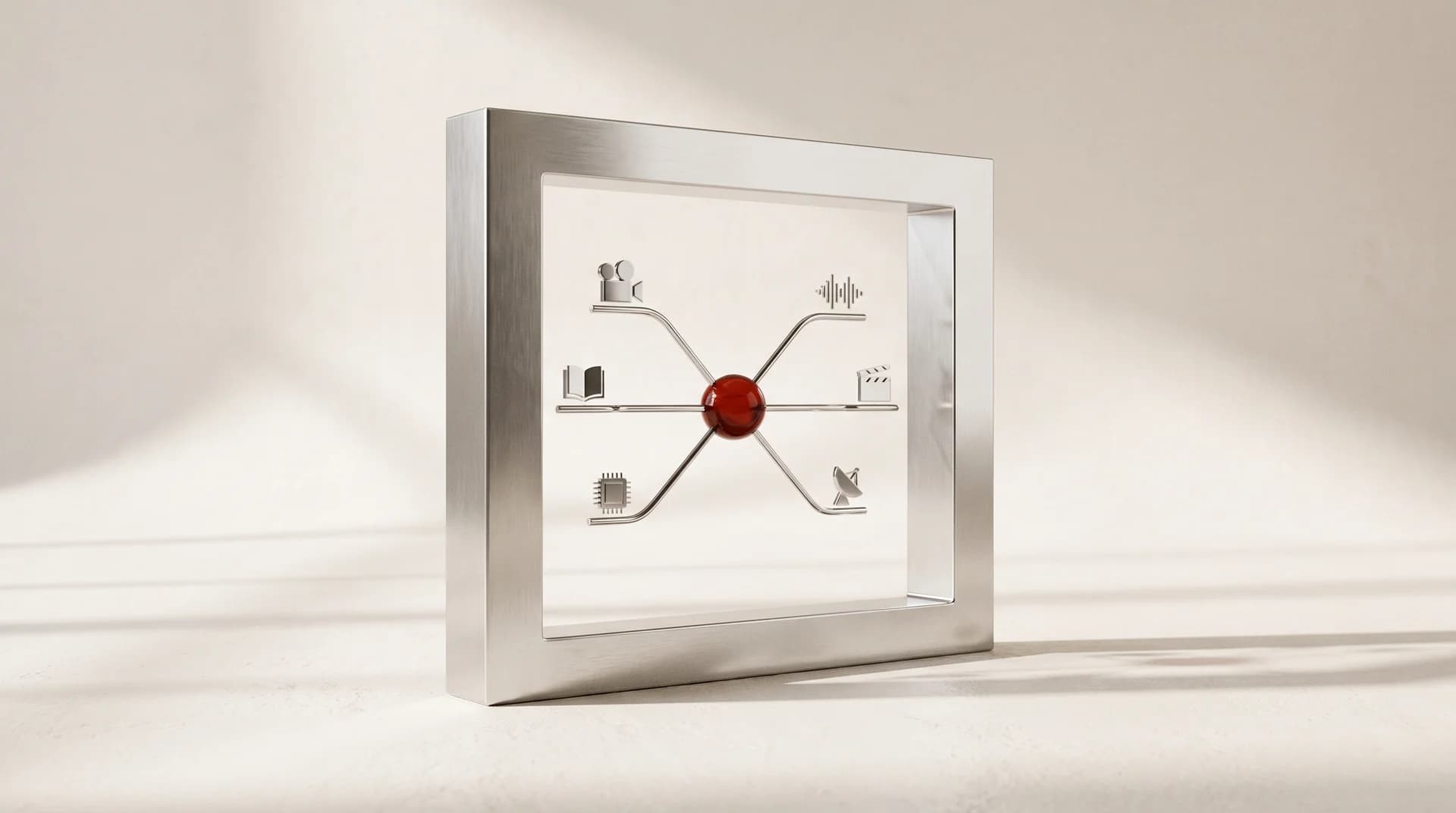 3D concept of an open aluminium portal connecting a red sphere to film, publishing, and technology objects
